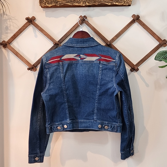 Levi's Jackets & Blazers - Levis Womens Jean Jacket Size L  Denim Trucker Aztec Embroidered Western EUC